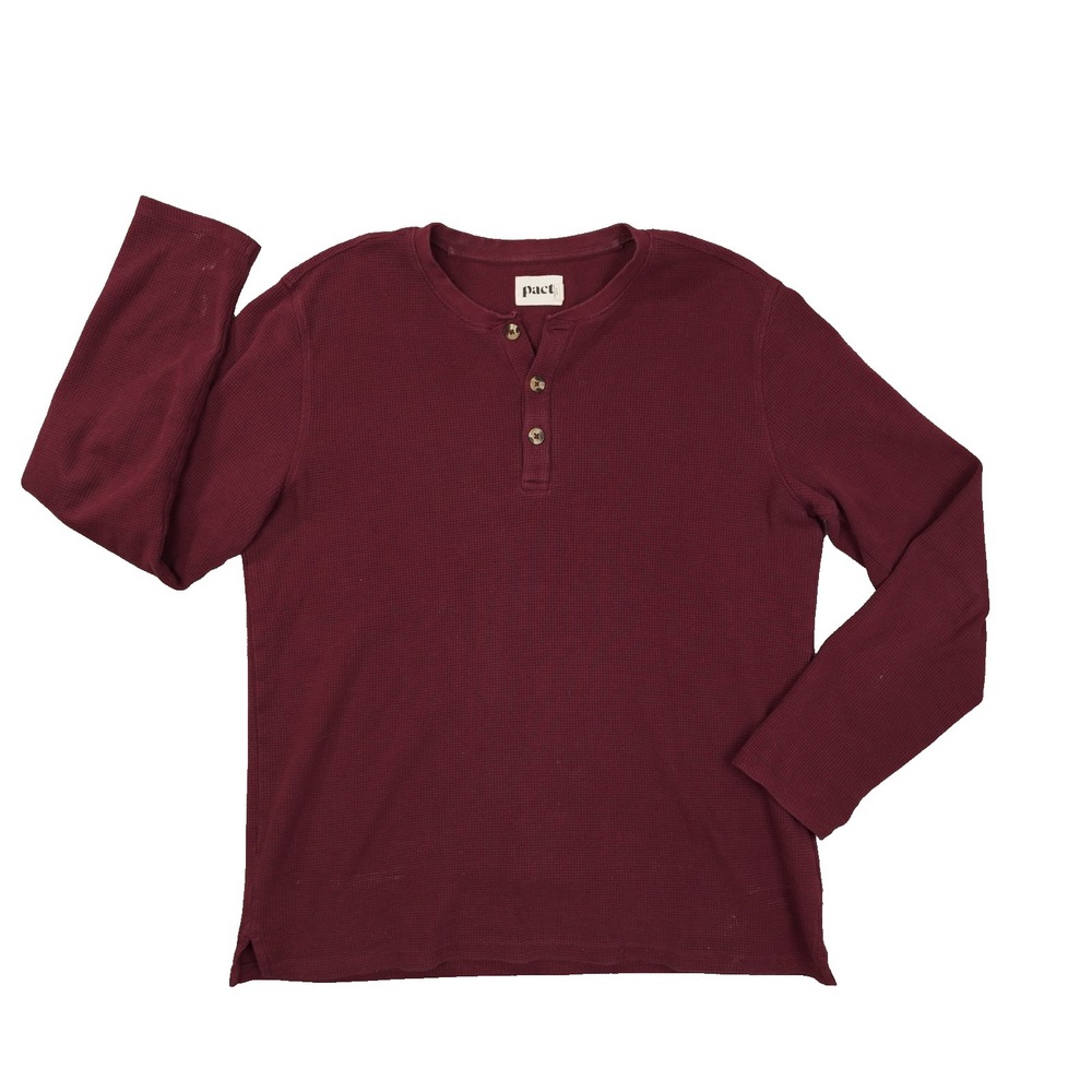 Pact Waffle Knit Thermal Henley Shirt Men's Large Organic Cotton Long Sleeve Red